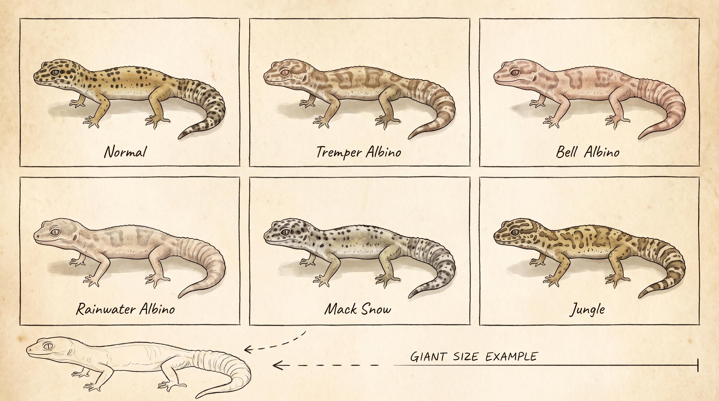 Six leopard geckos of different common morphs lined up side by side showing color and pattern differences