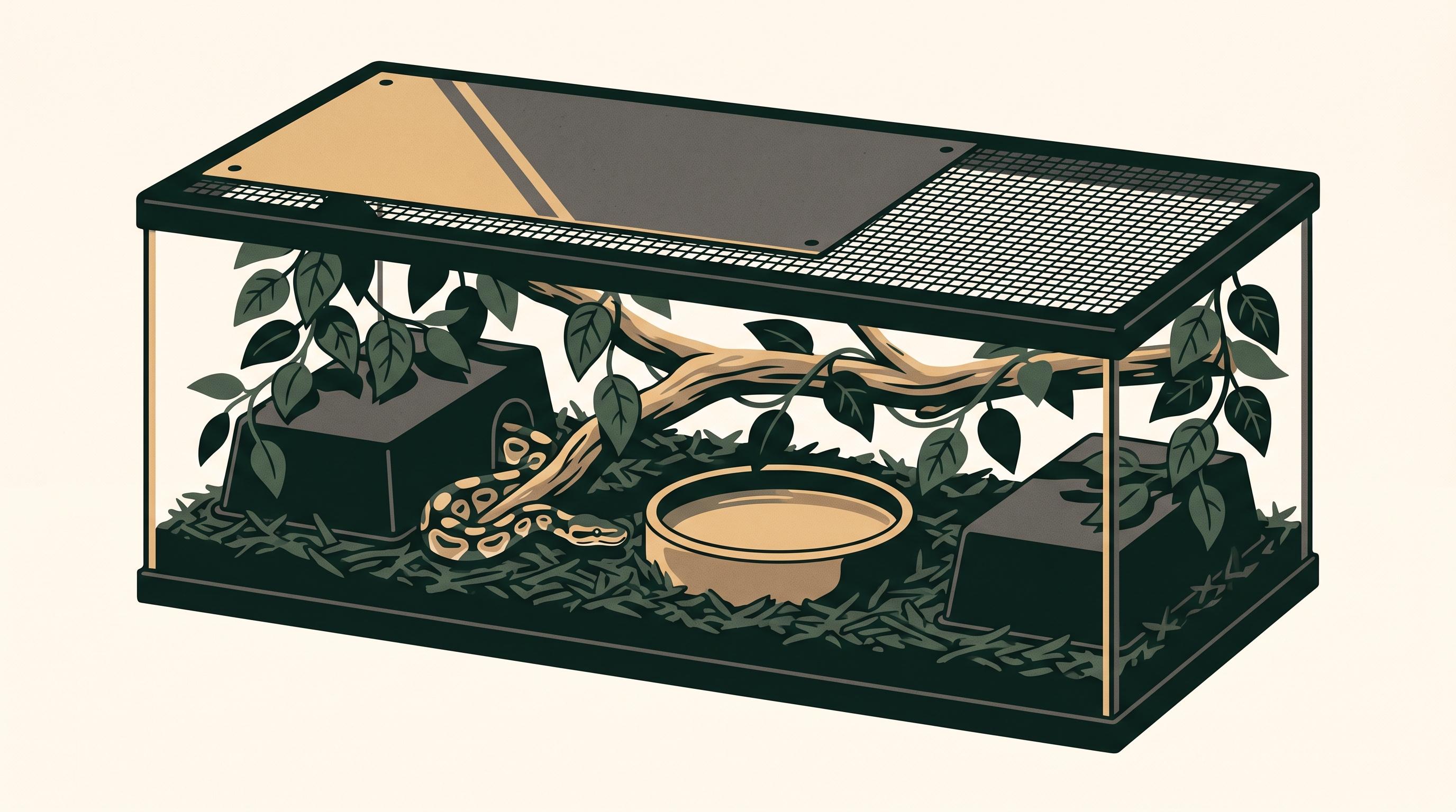 A properly set up ball python enclosure with a partially covered screen top, deep moisture-retaining substrate, secure hides, and enrichment to help maintain stable humidity.