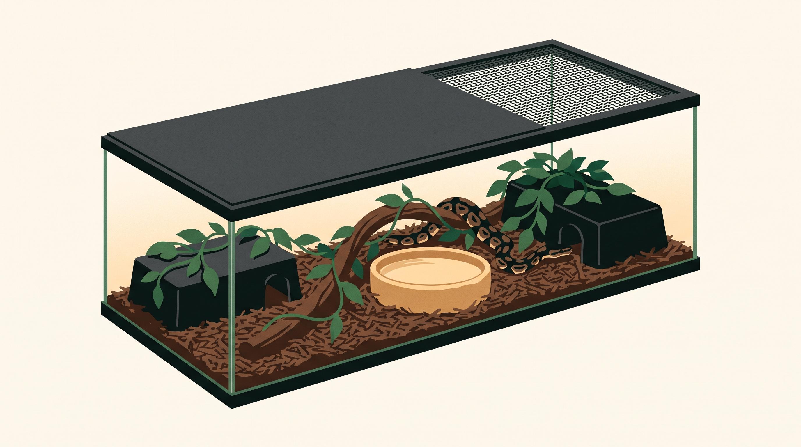 A properly set up ball python enclosure with a partially covered screen top, deep moisture-retaining substrate, secure hides, and enrichment to help maintain stable humidity.