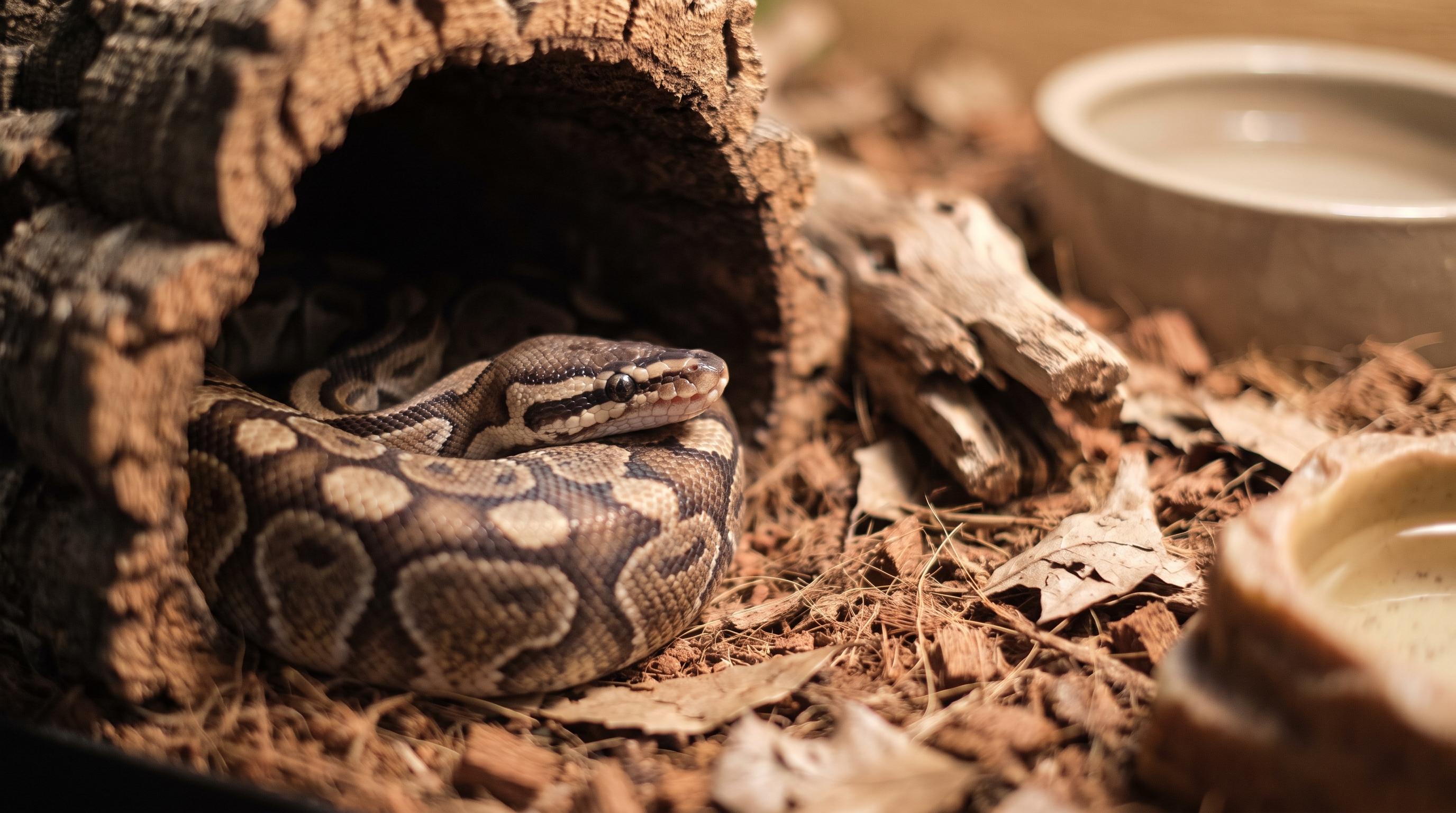 A young ball python coiled inside a snug hide in a newly set up enclosure