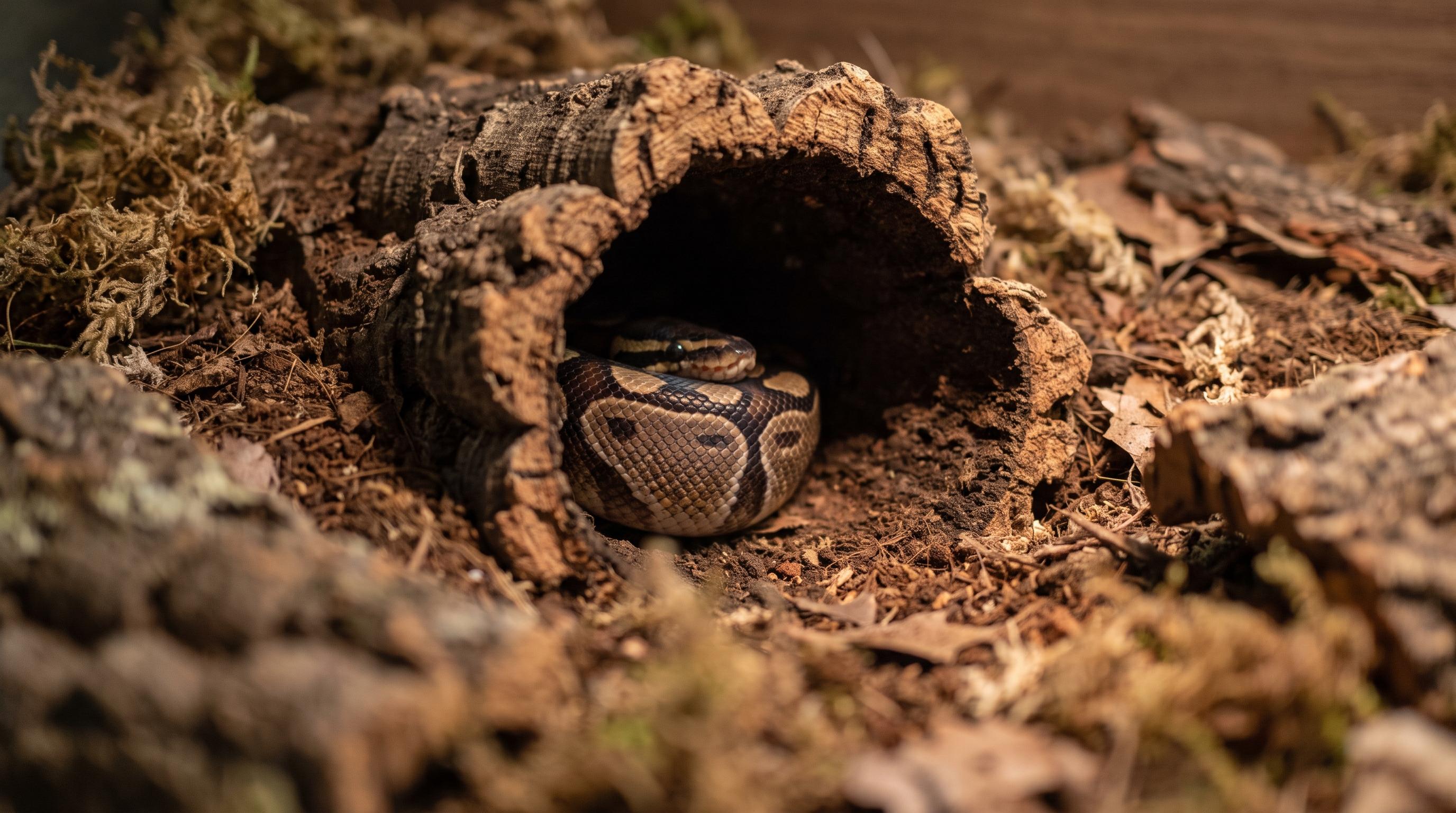 A young ball python coiled inside a snug hide in a newly set up enclosure