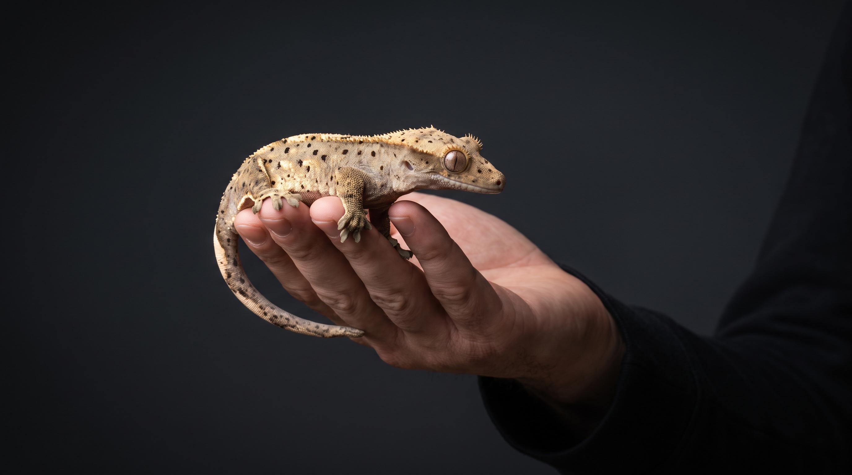 A leopard gecko resting on a flat stone beside a humid hide in a simply furnished enclosure