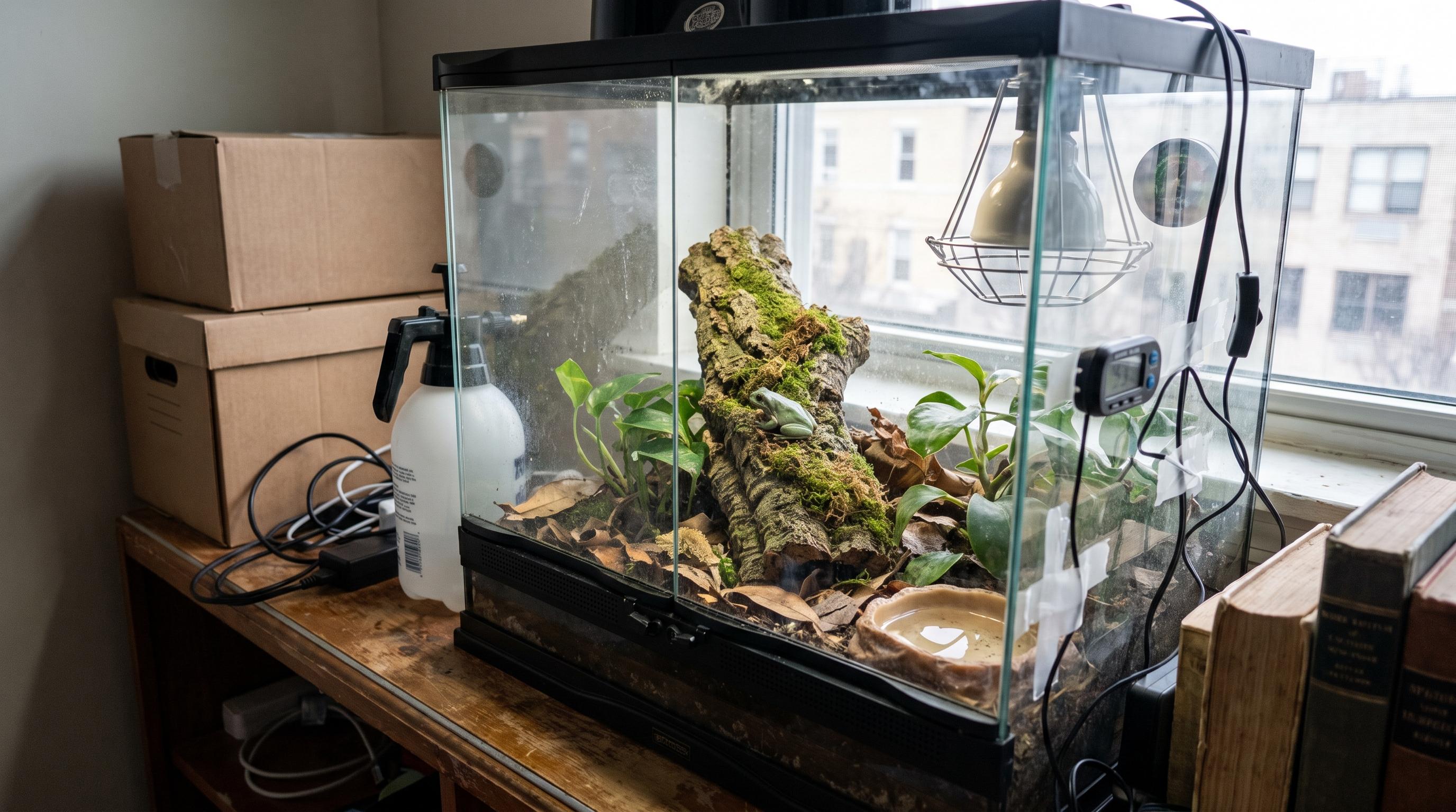 A compact glass terrarium housing a leopard gecko on a small stand in a studio apartment