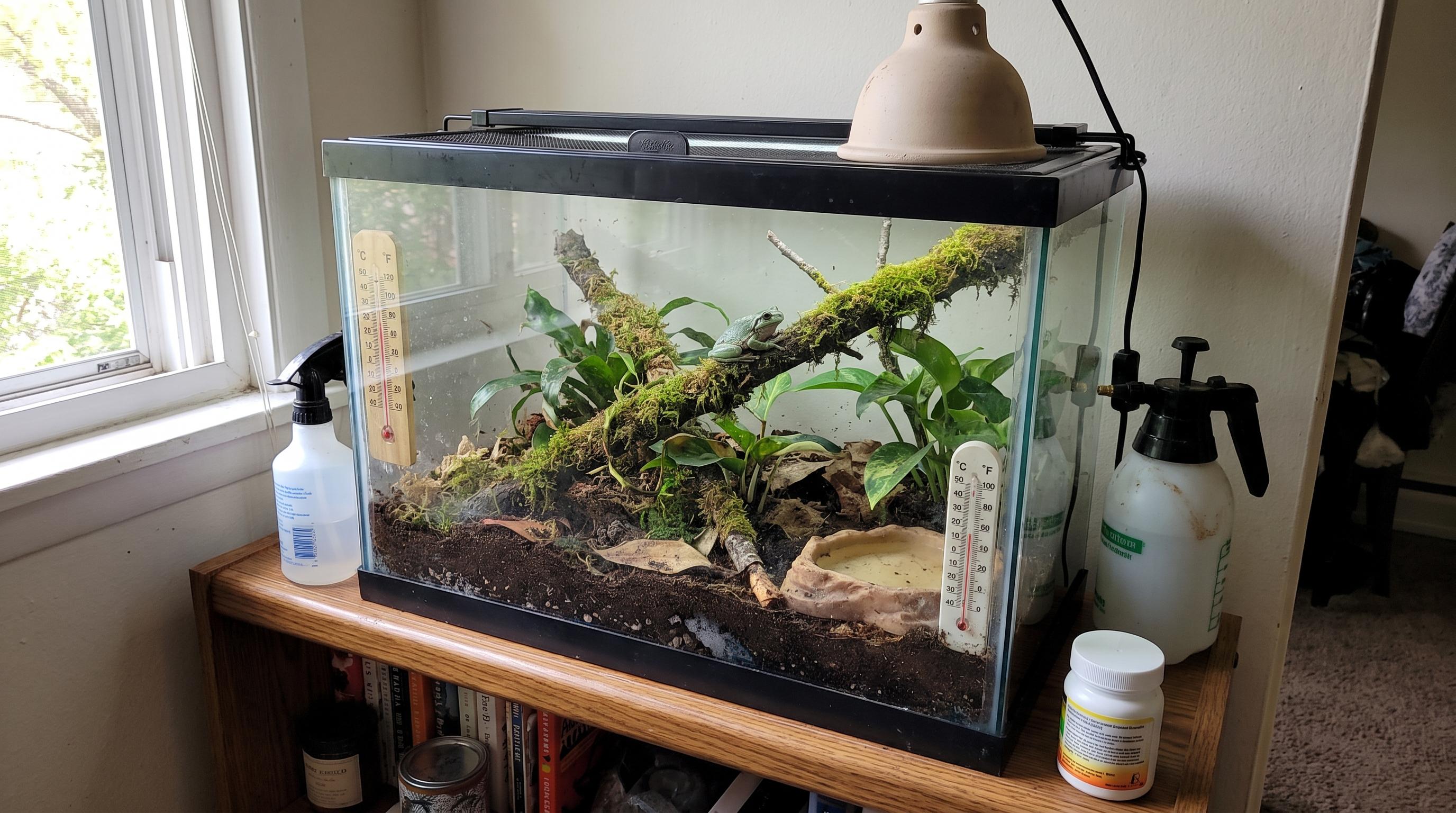 A compact glass terrarium housing a leopard gecko on a small stand in a studio apartment