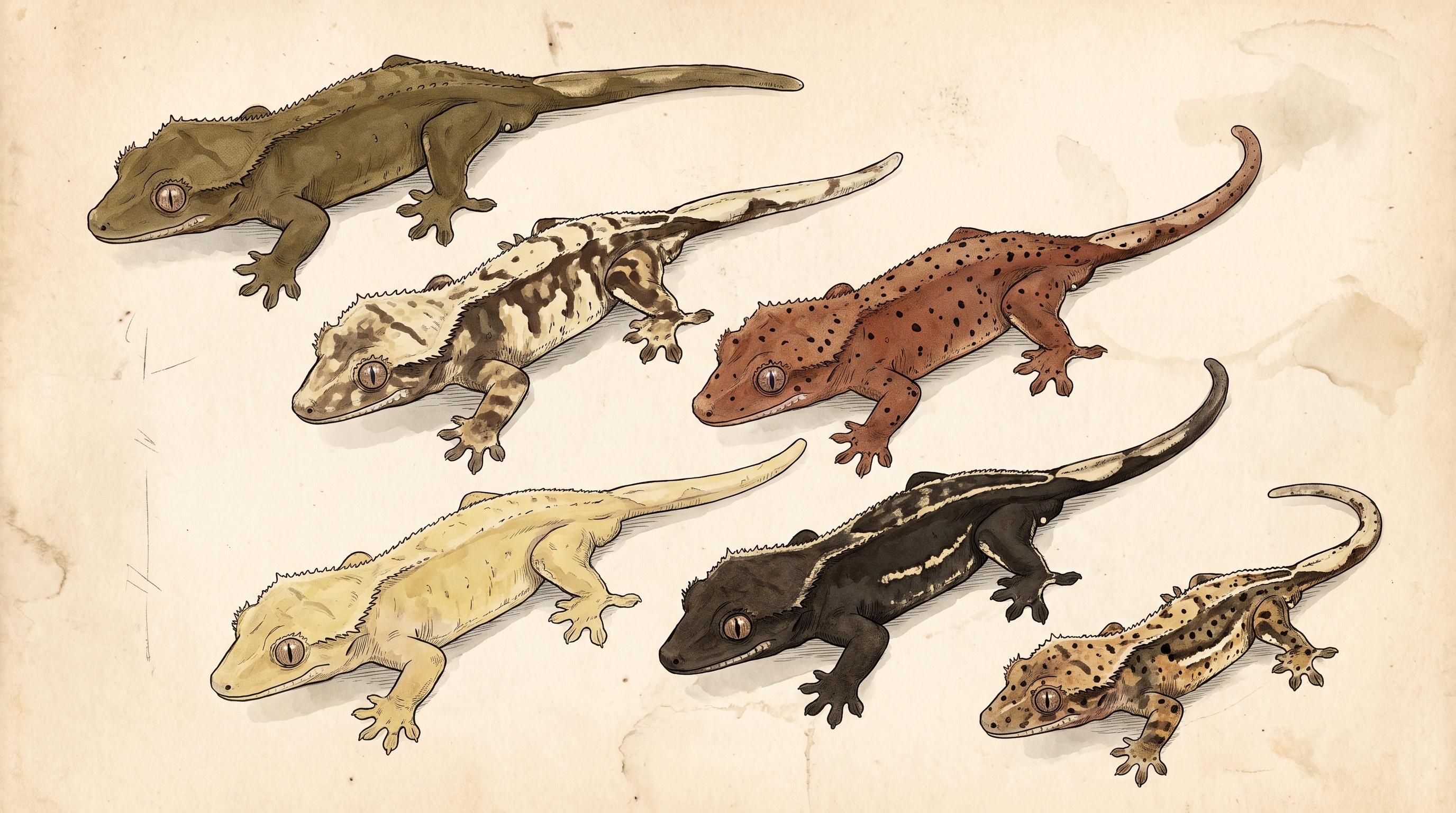 Illustration of crested geckos showing different colors, patterns, and visual traits.