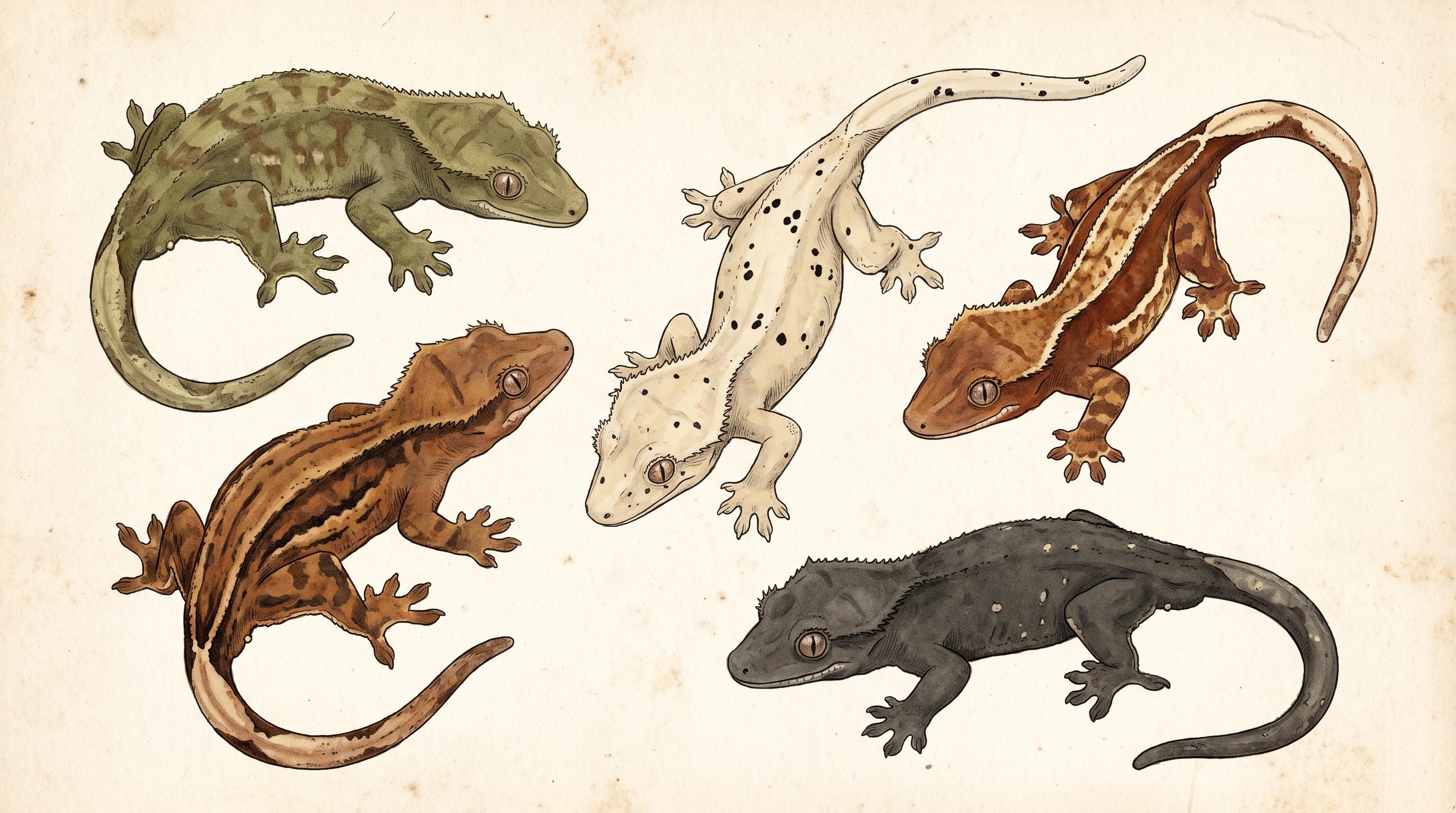 Illustration of crested geckos showing different colors, patterns, and visual traits.