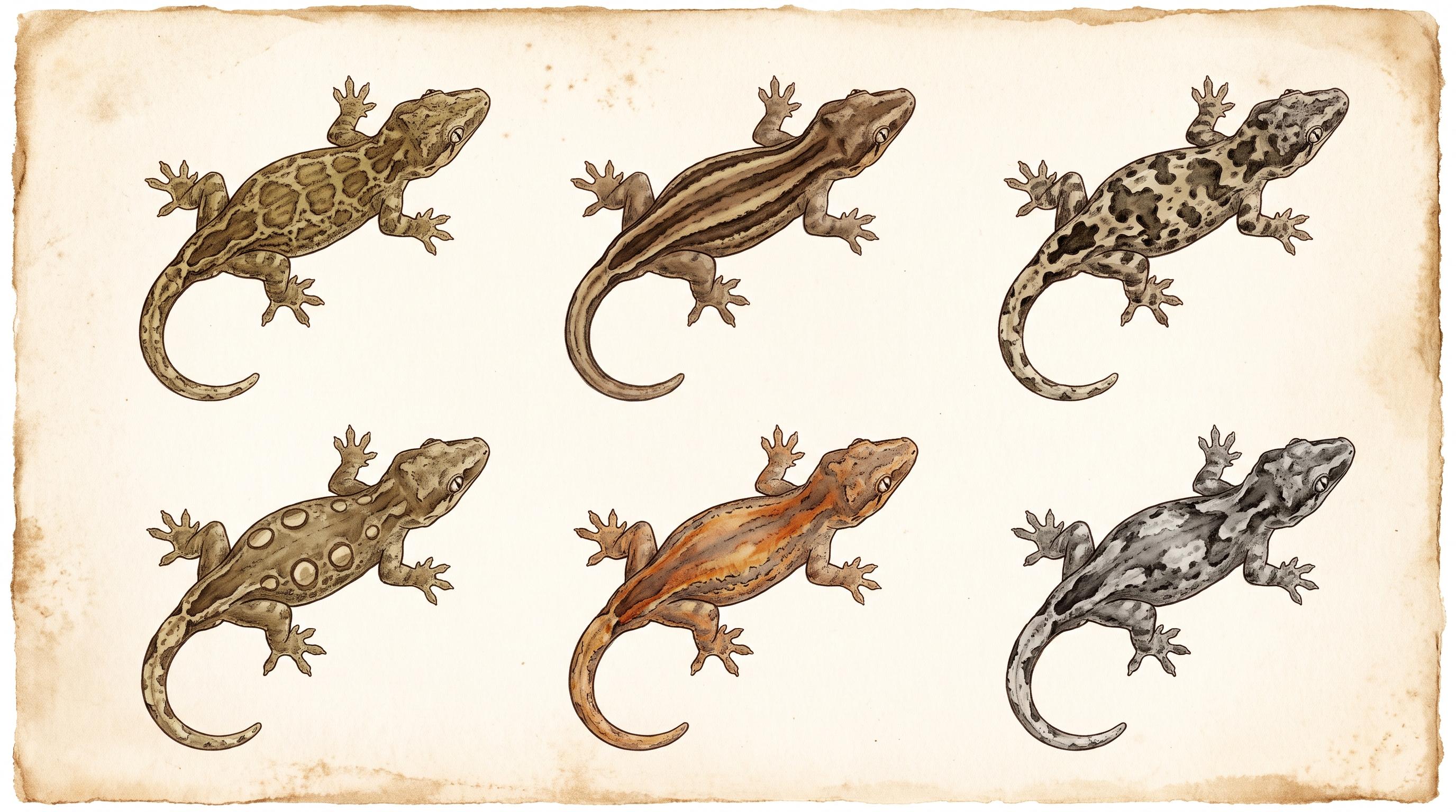 Create a clean, accurate field-guide comparison illustration for an educational article about gargoyle gecko pattern terminology. Show six separate adult gargoyle geckos, viewed from above at the same angle and scale, against a simple neutral background.