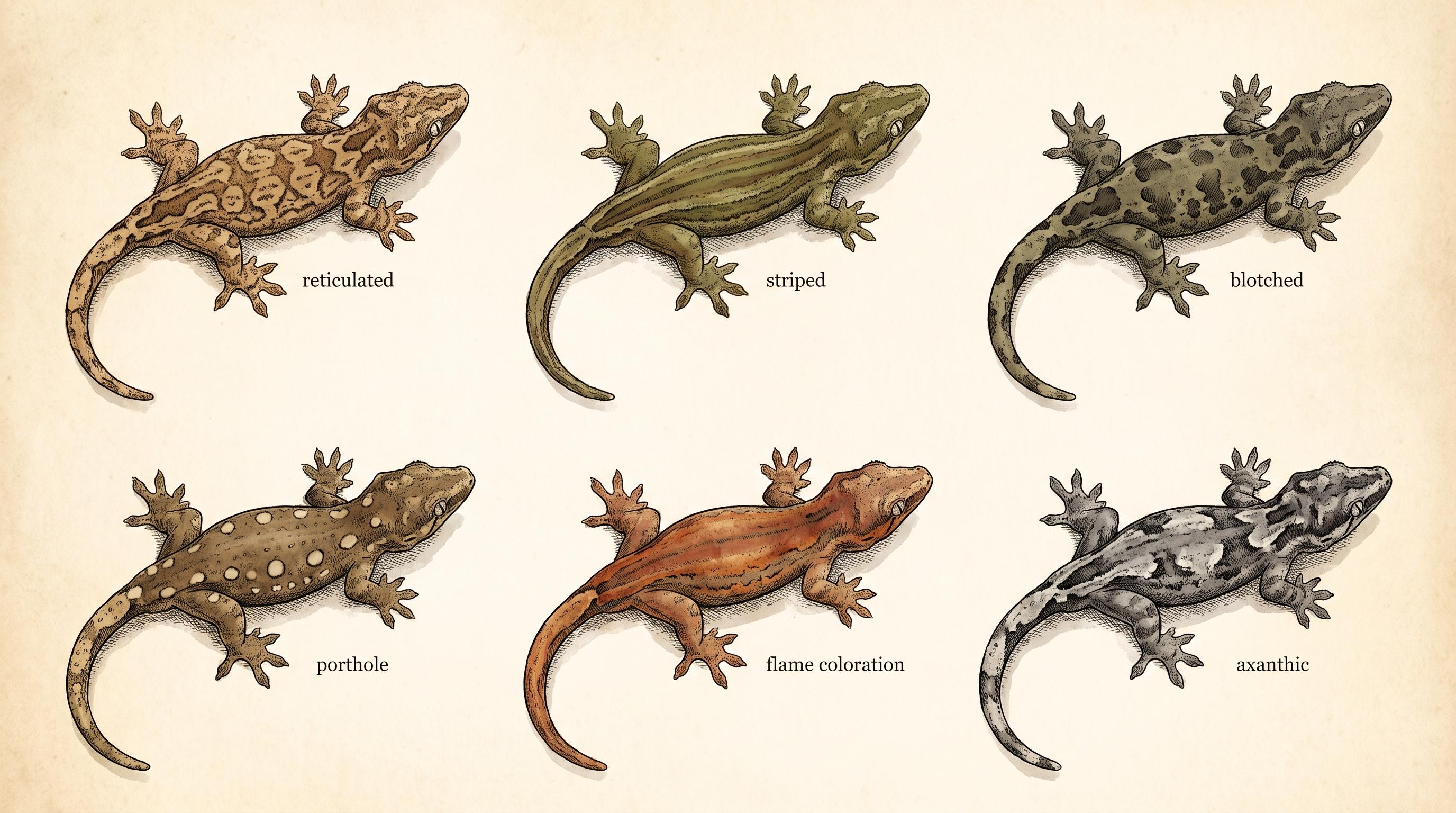 Create a clean, accurate field-guide comparison illustration for an educational article about gargoyle gecko pattern terminology. Show six separate adult gargoyle geckos, viewed from above at the same angle and scale, against a simple neutral background.