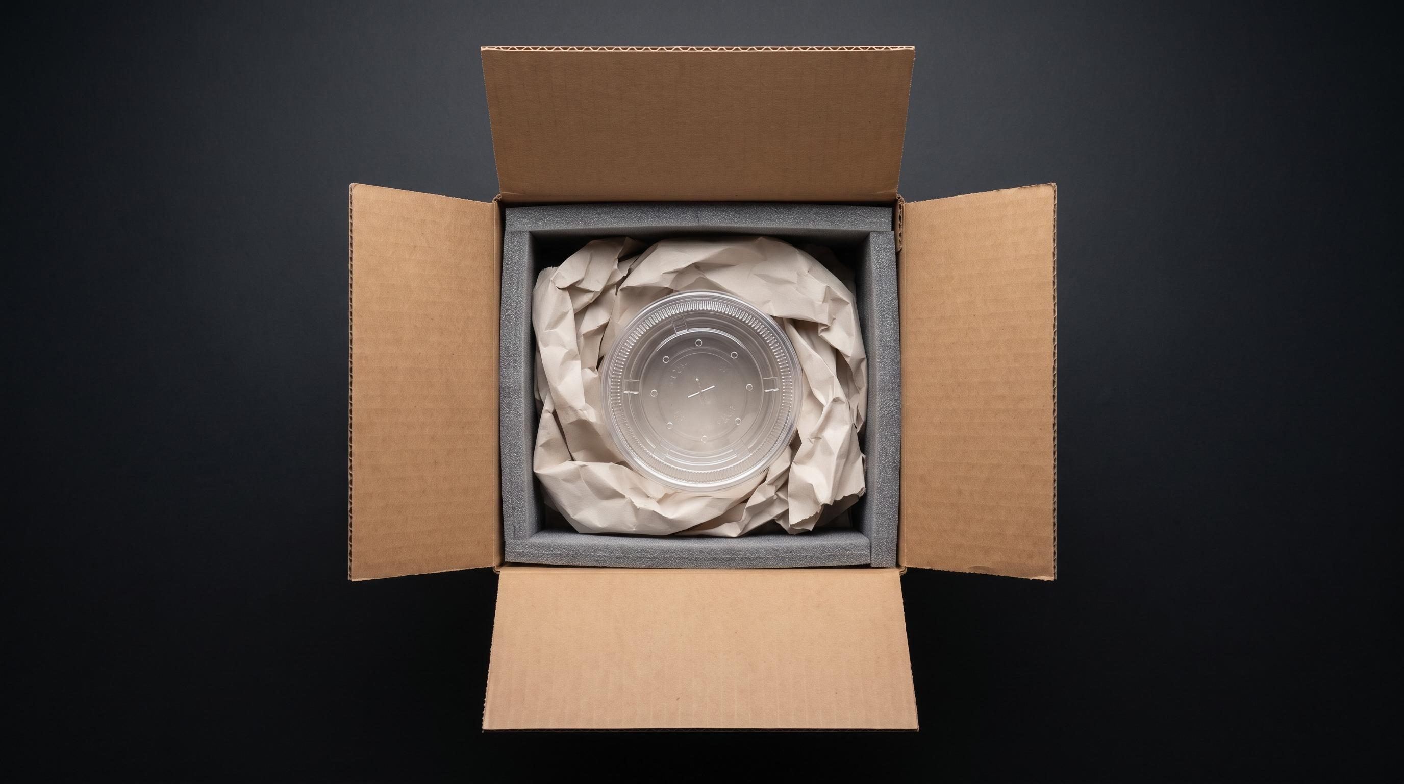 A double-walled cardboard shipping box lined with foam panels, containing a ventilated deli cup packed in crumpled paper with a heat pack taped to the inside wall