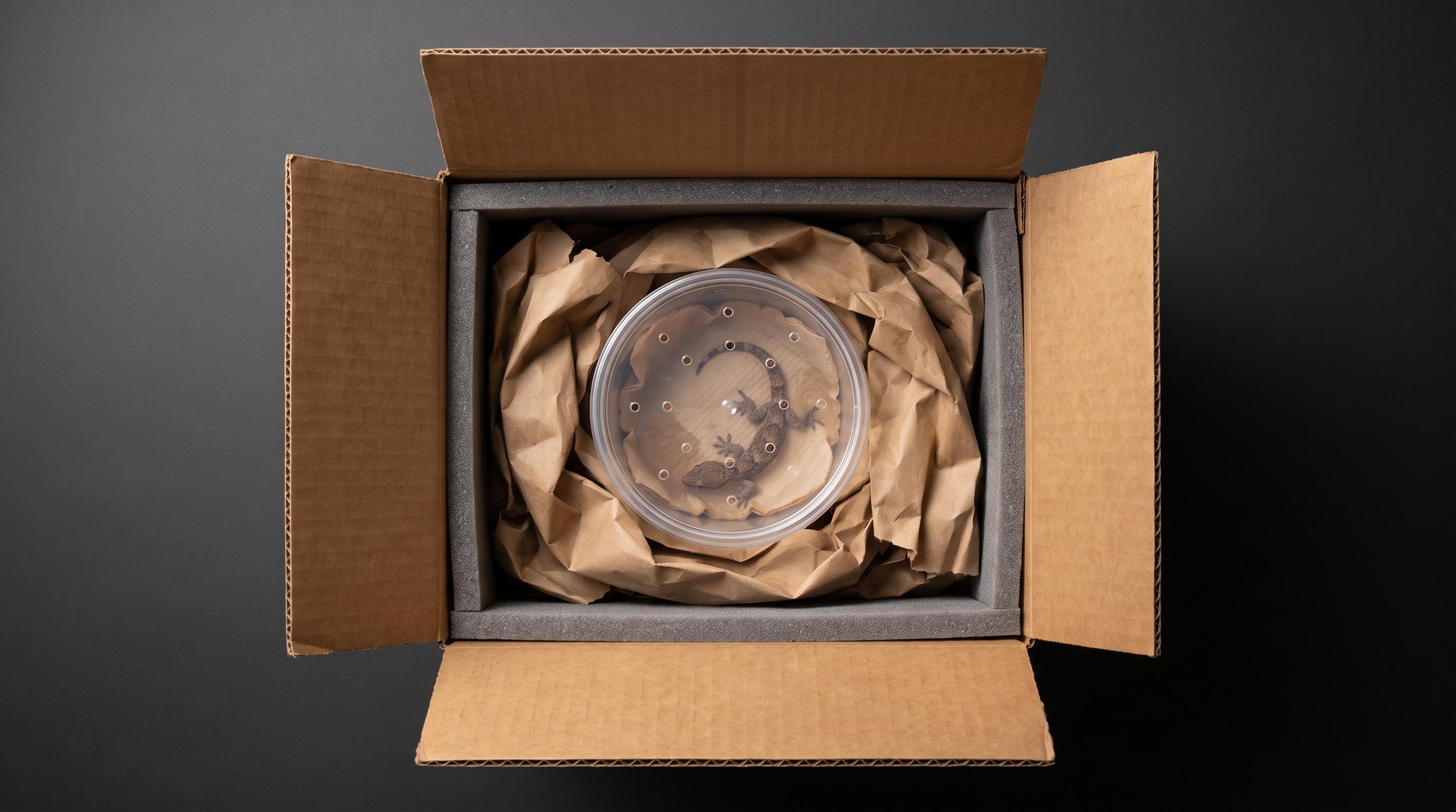 A double-walled cardboard shipping box lined with foam panels, containing a ventilated deli cup packed in crumpled paper with a heat pack taped to the inside wall