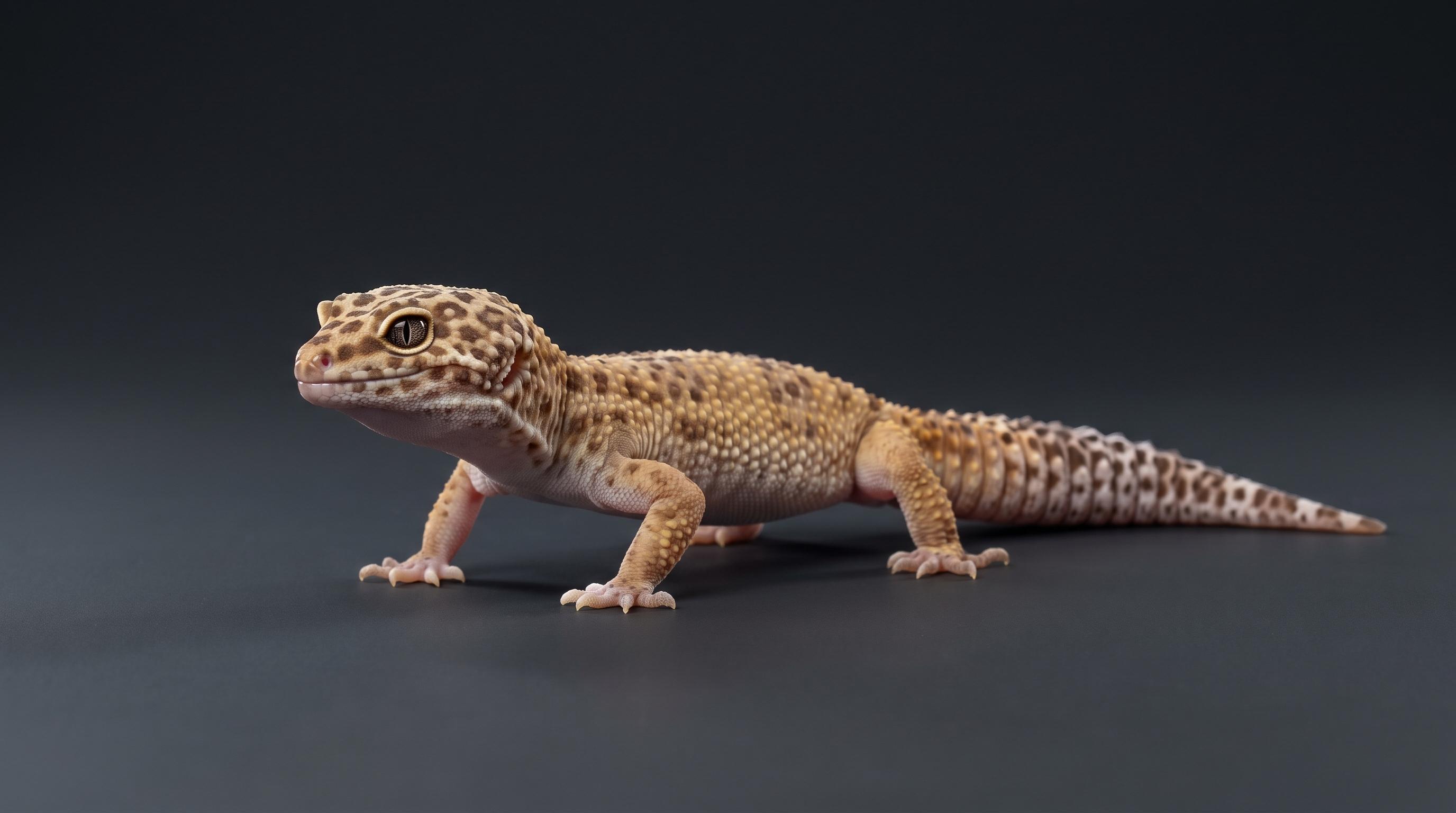 Six leopard geckos of different common morphs lined up side by side showing color and pattern differences