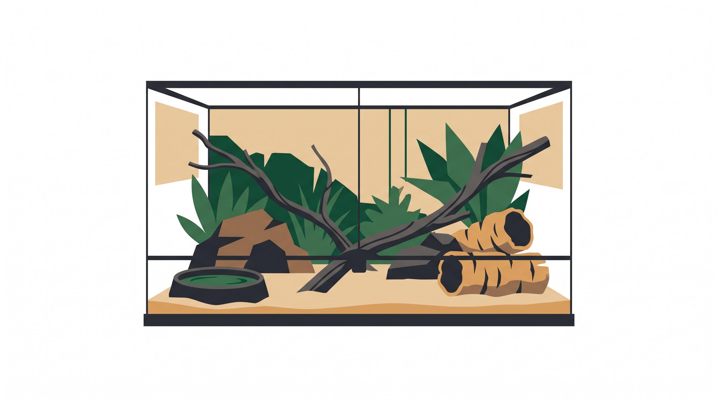 A fully furnished reptile enclosure with hides, cork bark, branches and a water dish set up and running before the animal arrives