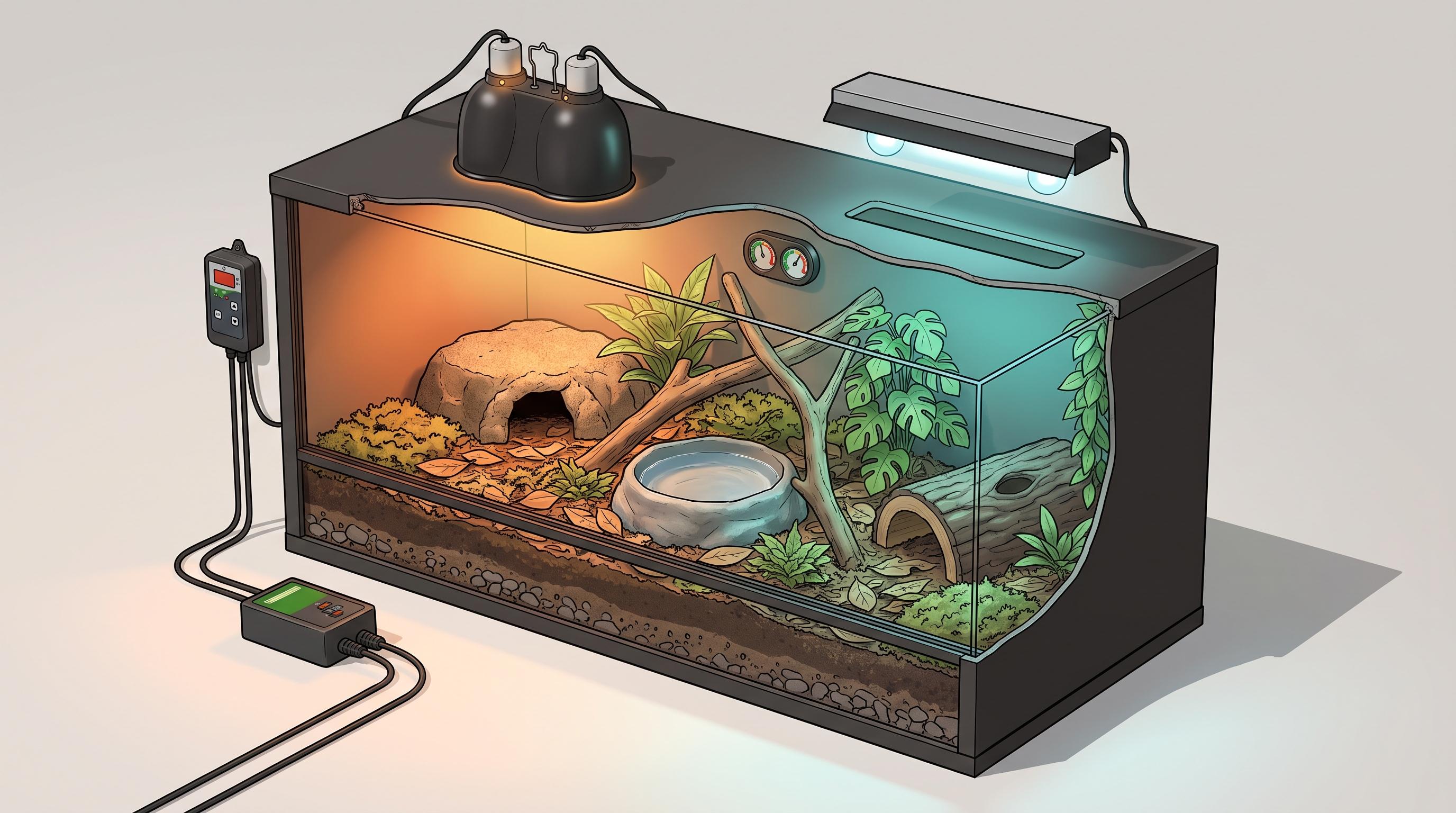 Complete reptile enclosure setup with hides, substrate, water dish, heating, lighting, and monitoring equipment ready before bringing a reptile home.