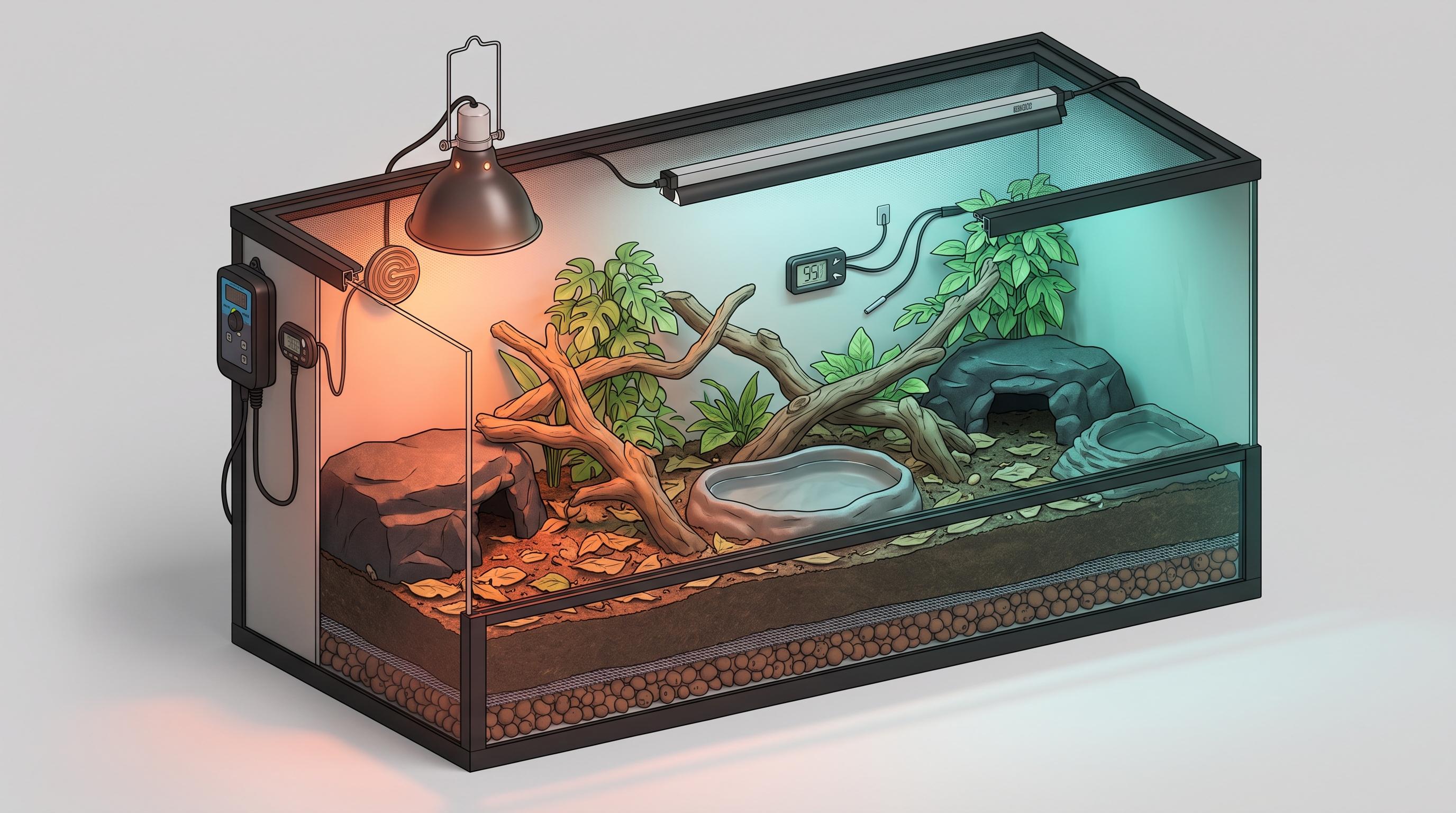 Complete reptile enclosure setup with hides, substrate, water dish, heating, lighting, and monitoring equipment ready before bringing a reptile home.