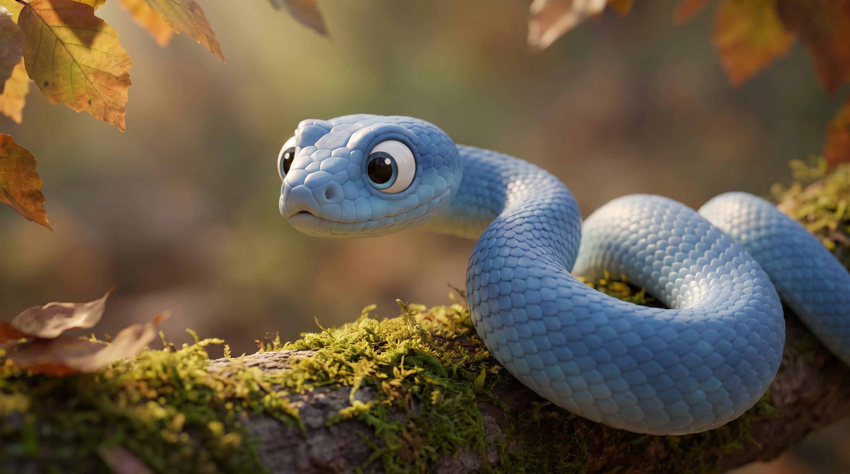 An adorable blue cartoon snake with big expressive eyes, resting on a mossy log surrounded by warm autumn leaves.