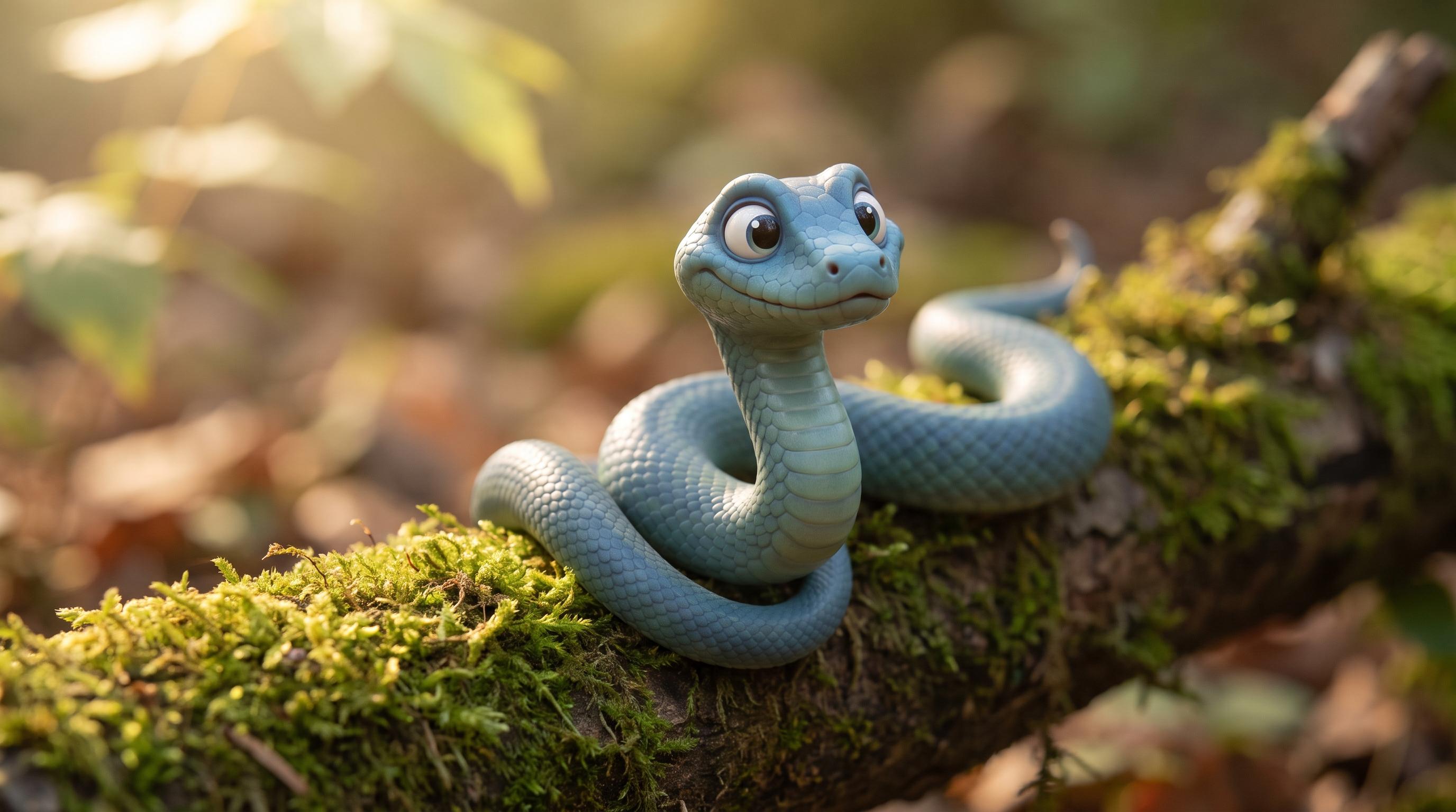 An adorable blue cartoon snake with big expressive eyes, resting on a mossy log surrounded by warm autumn leaves.
