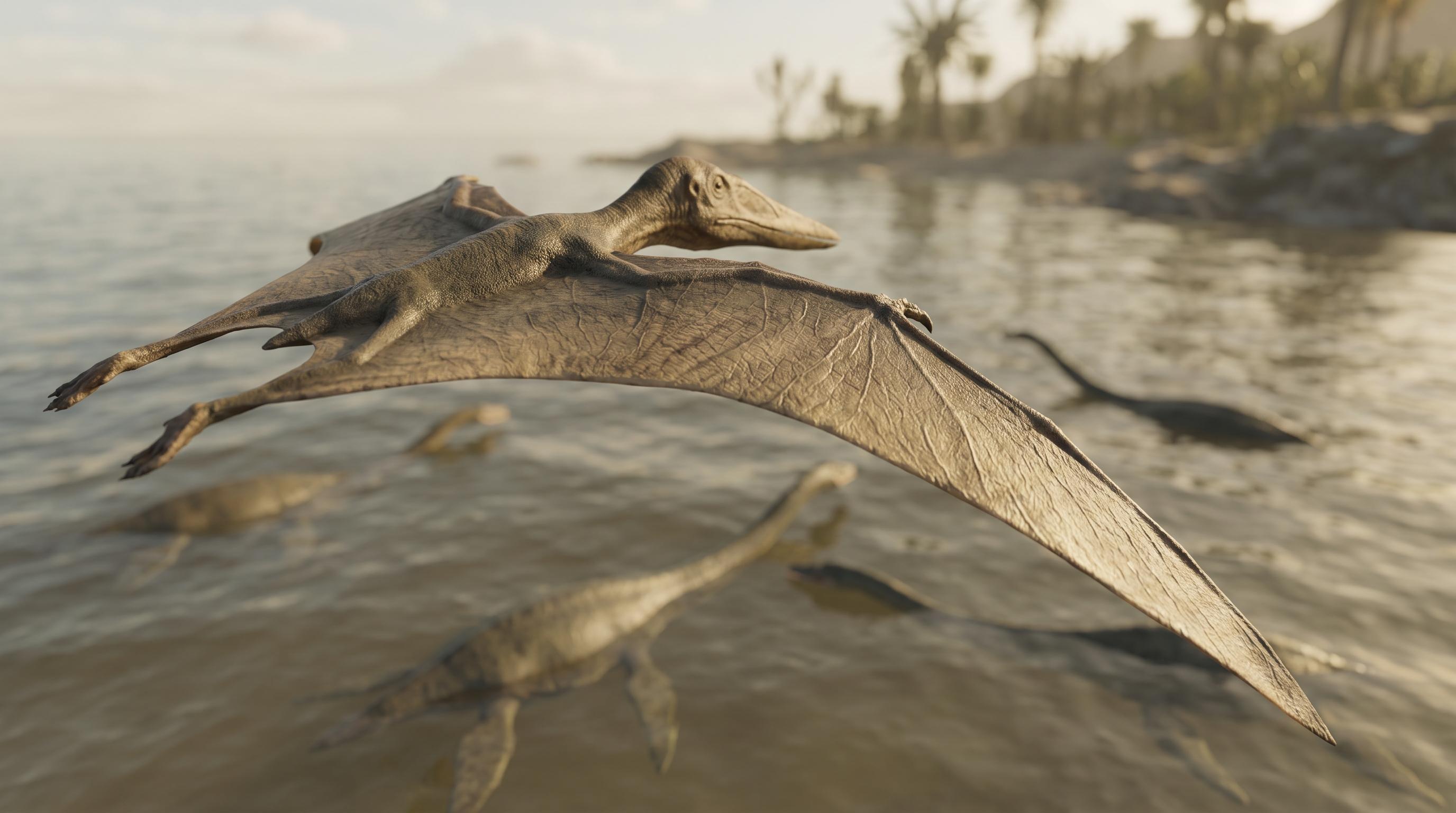 A pterosaur gliding above a group of plesiosaurs in a Mesozoic-era ocean scene, illustrating non-dinosaur prehistoric reptiles.