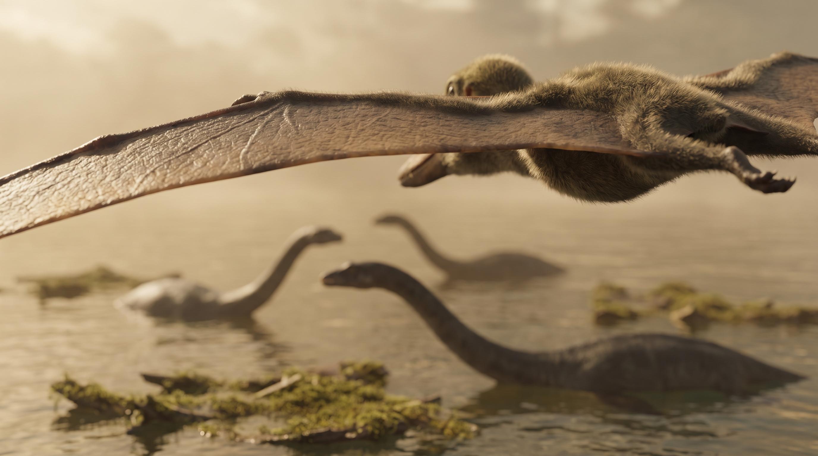 A pterosaur gliding above a group of plesiosaurs in a Mesozoic-era ocean scene, illustrating non-dinosaur prehistoric reptiles.