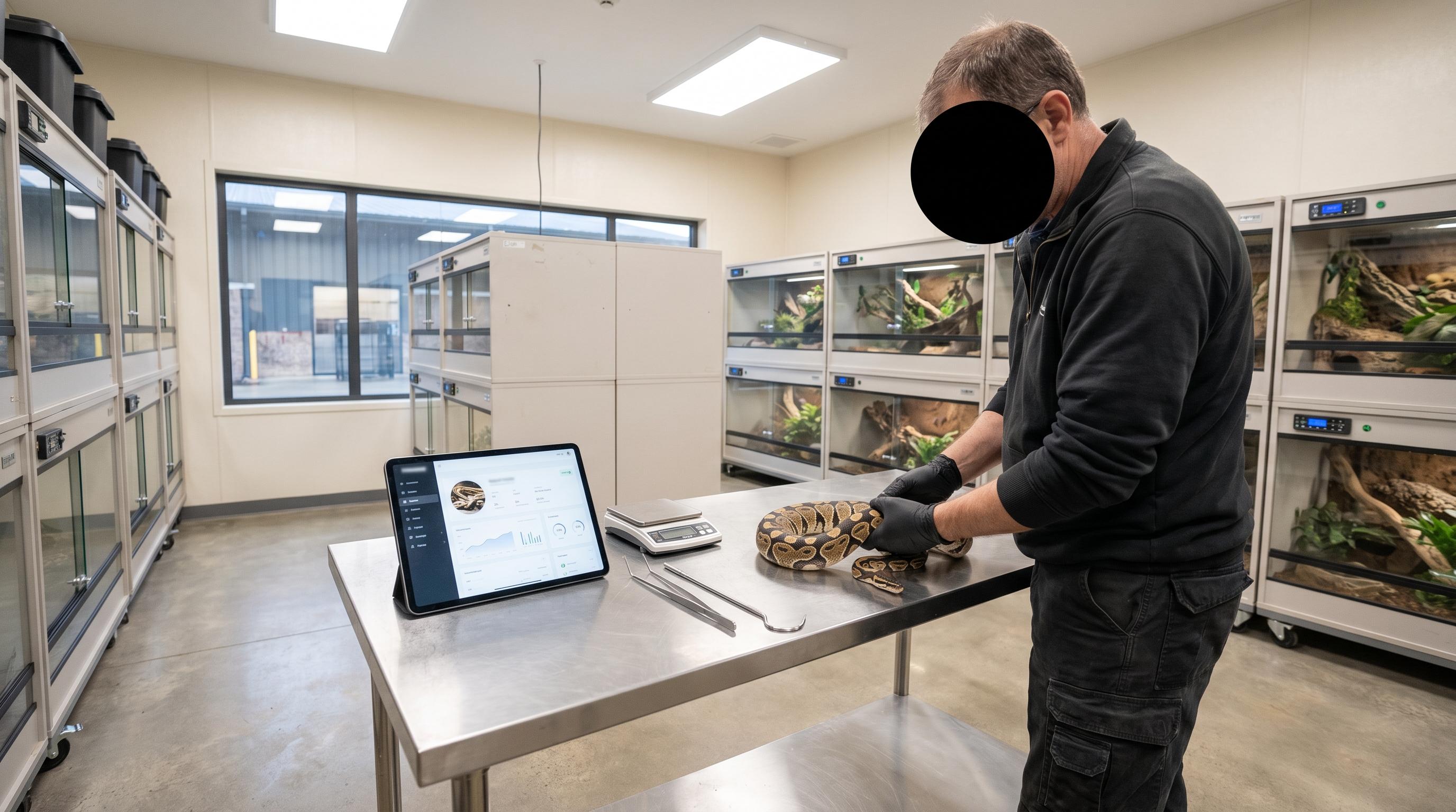 Reptile breeder examining a snake while using digital husbandry records in an organized reptile room.