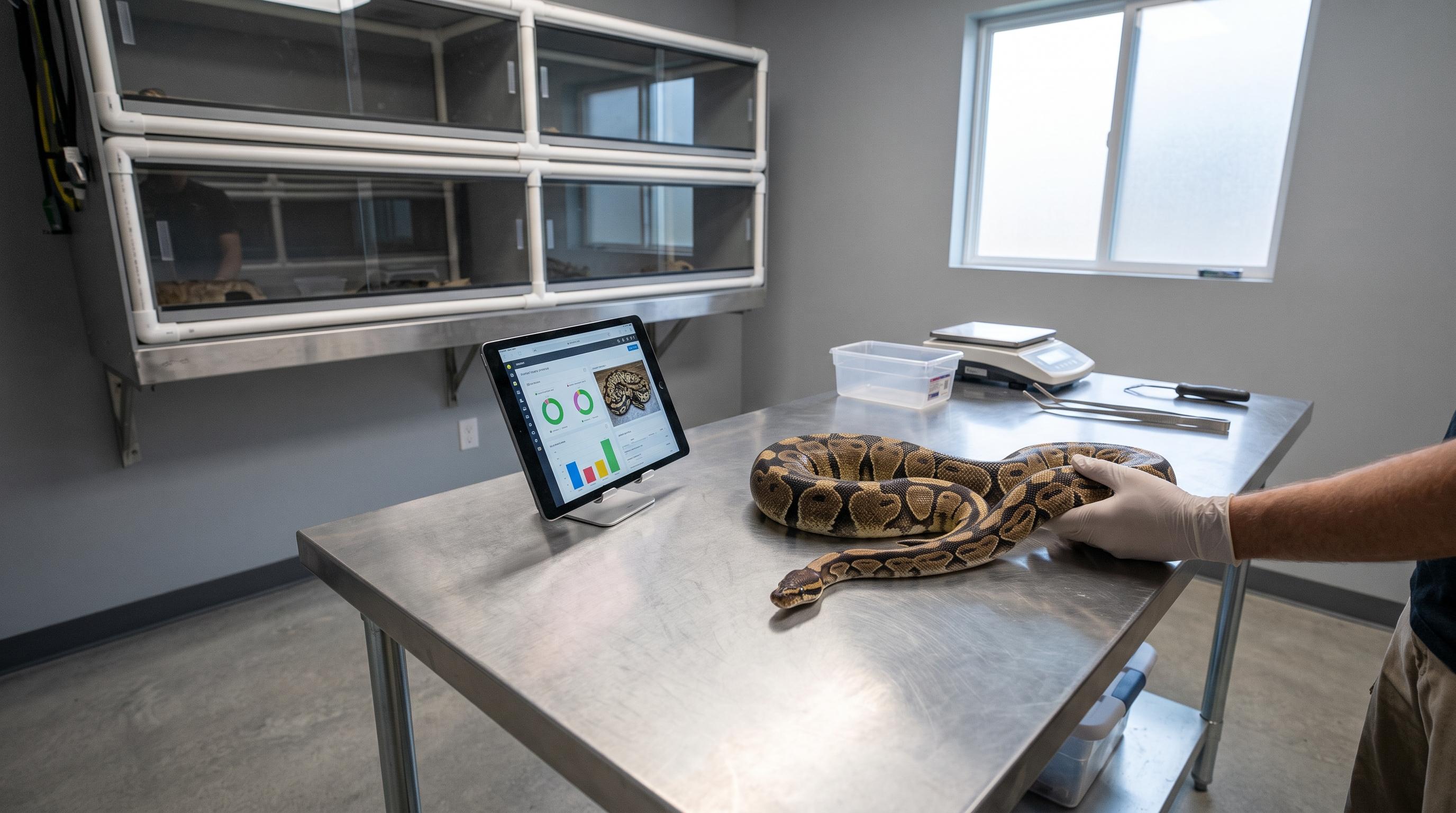 Reptile breeder examining a snake while using digital husbandry records in an organized reptile room.