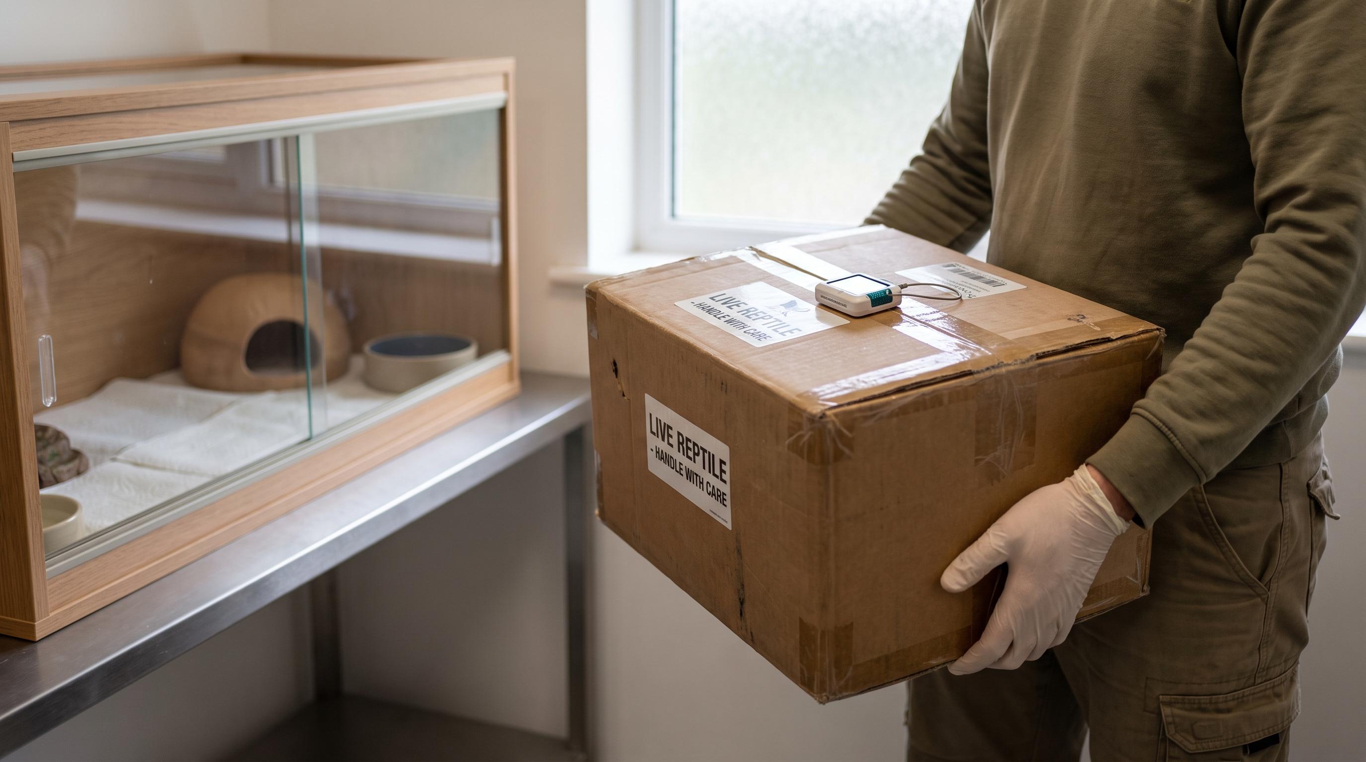 Create a clear editorial illustration for a beginner’s guide to receiving a shipped reptile. Show a keeper bringing an insulated shipping box into a calm indoor room and documenting the unboxing, with the reptile safely contained in its shipping bag or cu