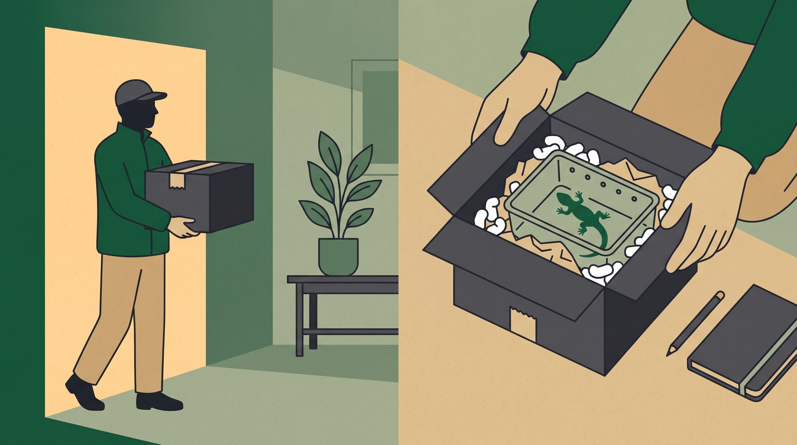 Create a clear editorial illustration for a beginner’s guide to receiving a shipped reptile. Show a keeper bringing an insulated shipping box into a calm indoor room and documenting the unboxing, with the reptile safely contained in its shipping bag or cu