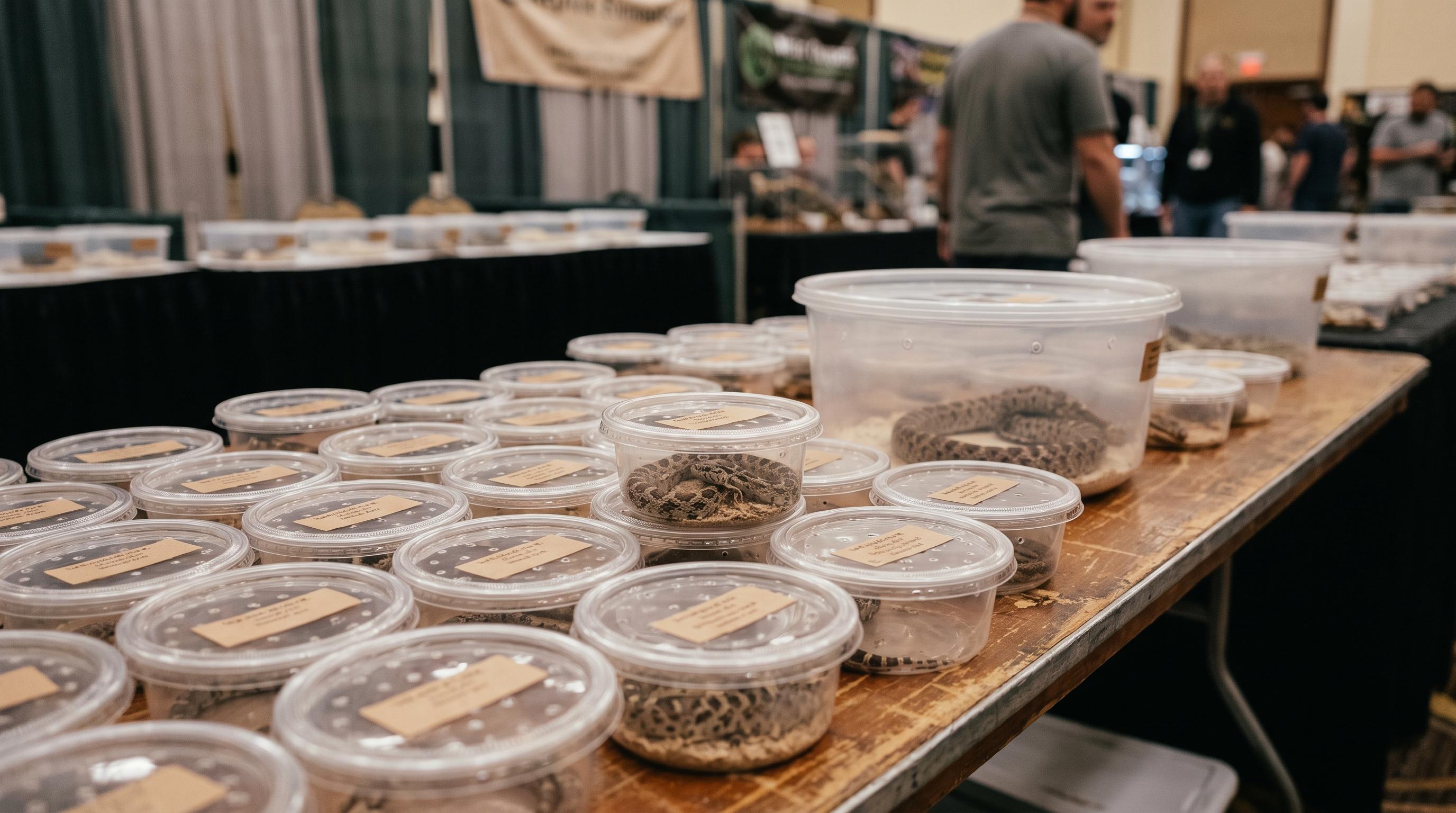 Rows of reptile deli cups and display tubs arranged on a breeder’s table at a reptile expo.