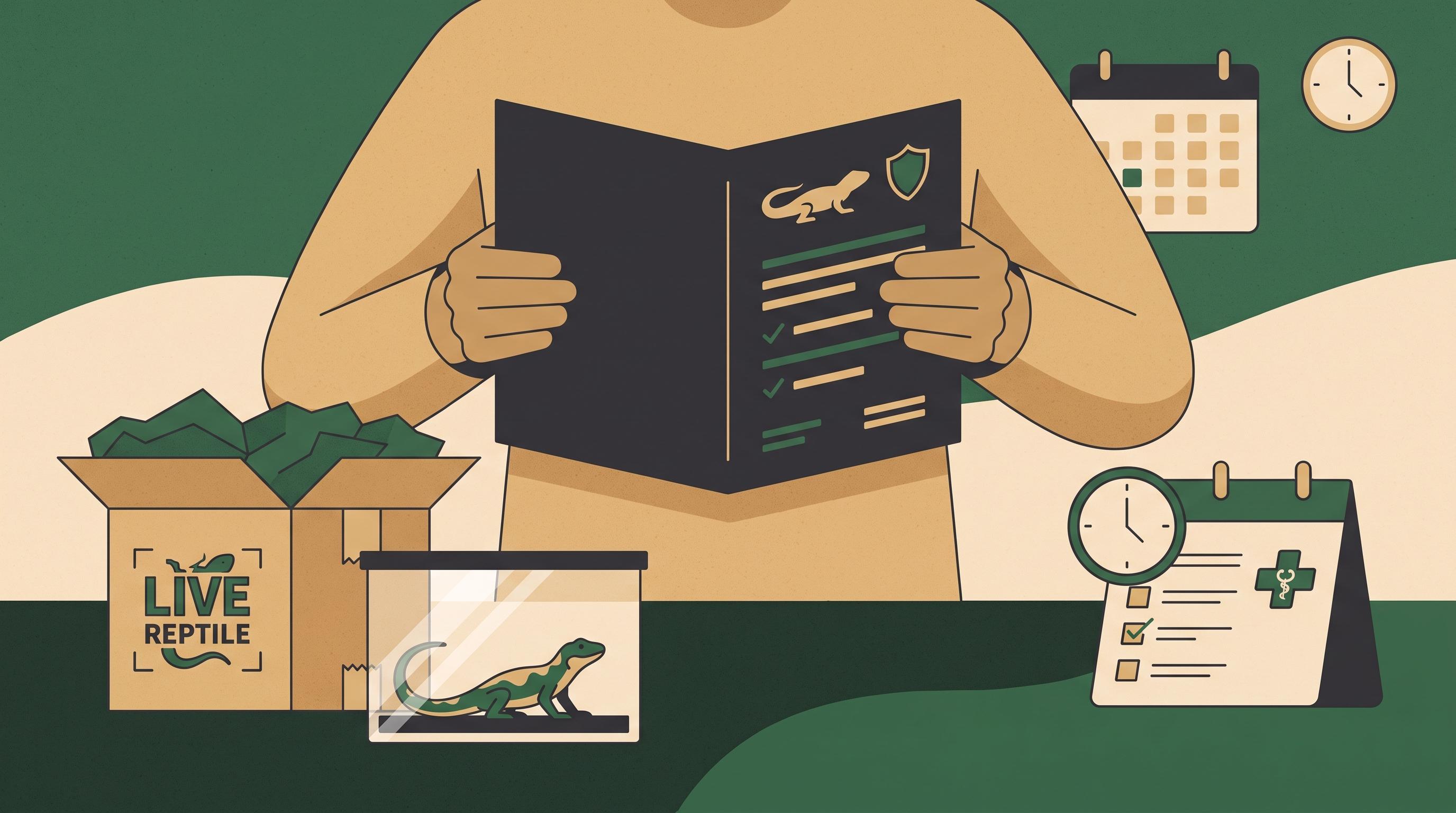 A close-up of a reptile being gently checked over next to a printed health guarantee document.