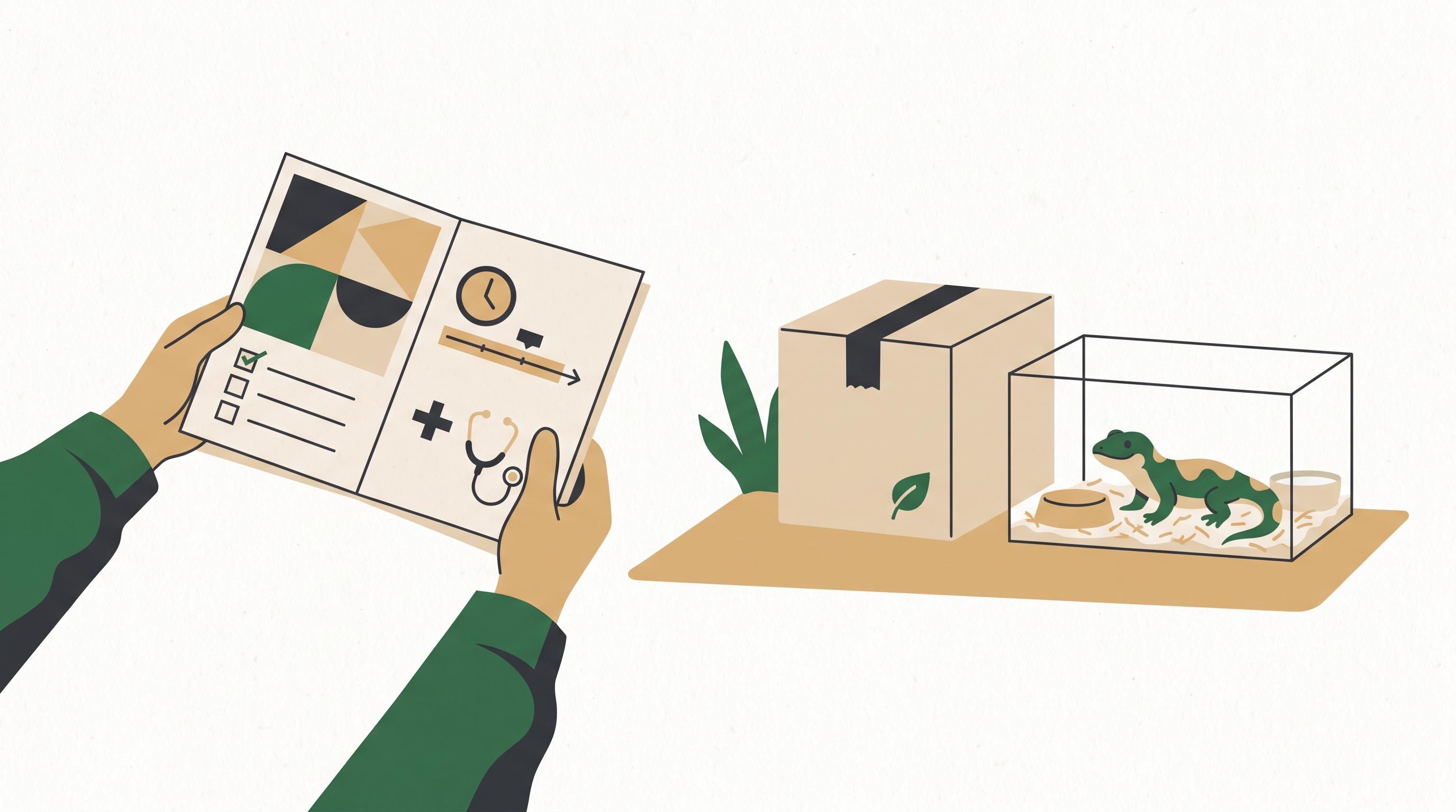 A close-up of a reptile being gently checked over next to a printed health guarantee document.