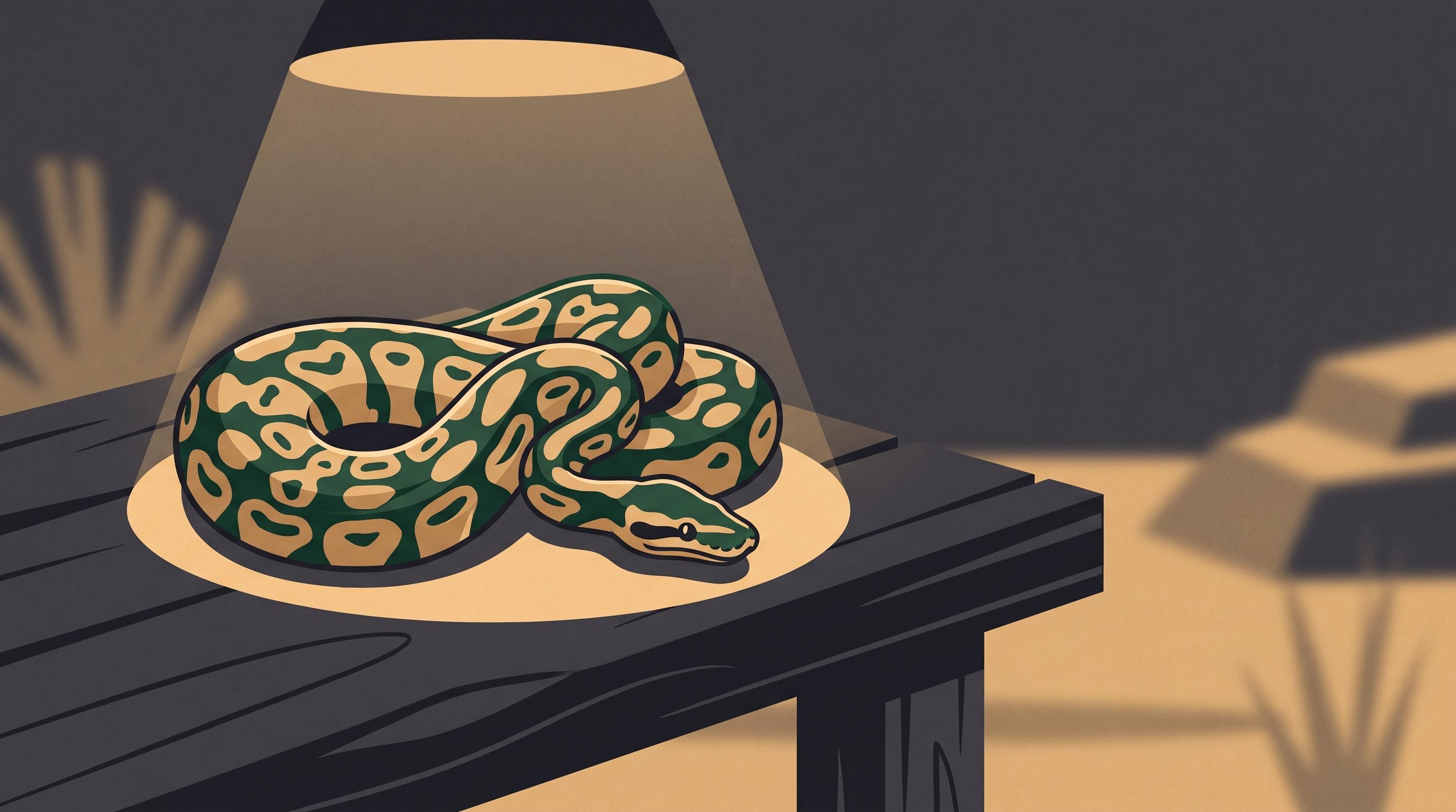 A ball python with an intricate, high-contrast pattern coiled on a dark wooden platform under a single warm spotlight, shot in close-up editorial style with shallow depth of field emphasizing the scales and pattern detail