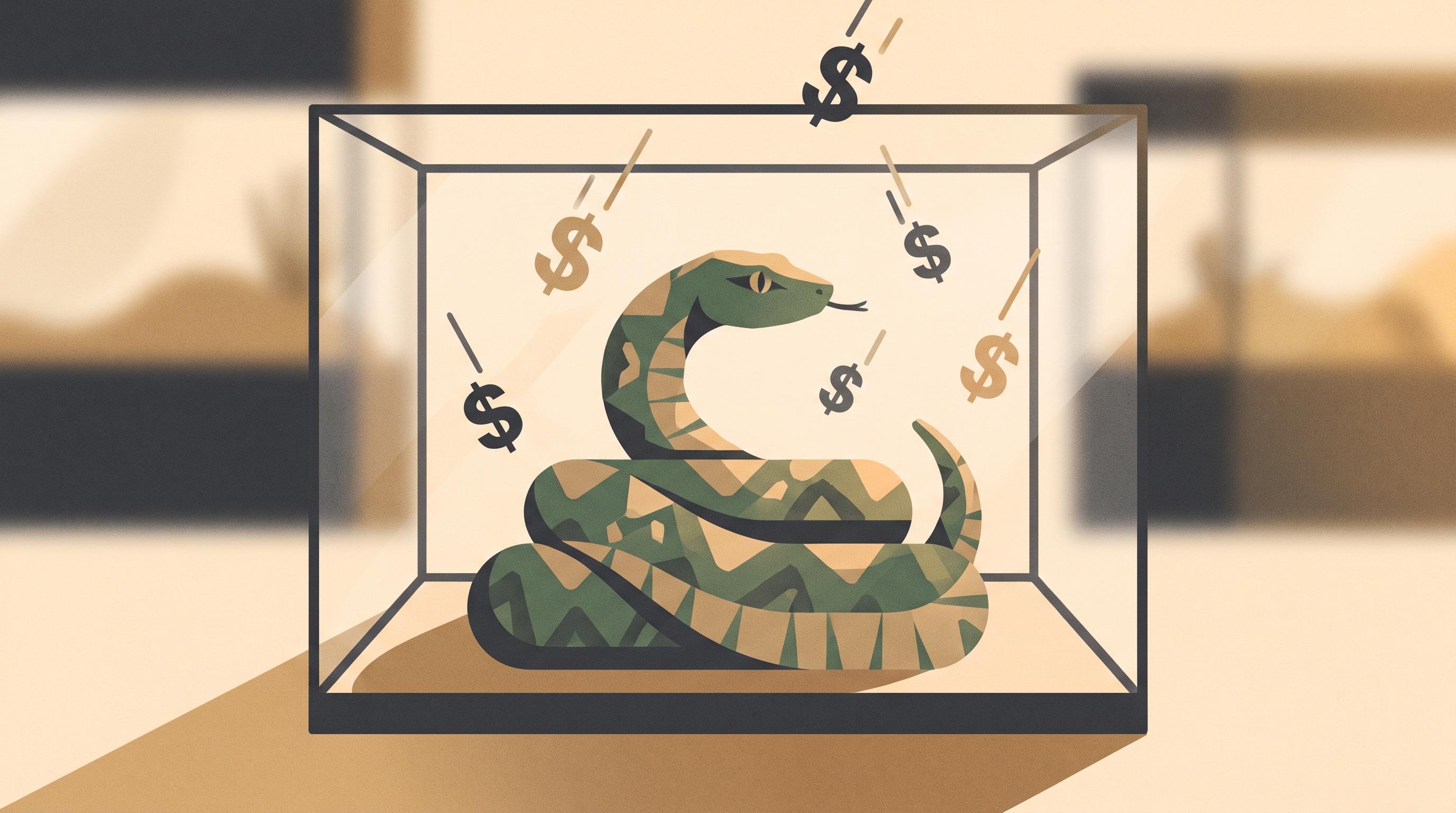 A ball python with an intricate, high-contrast pattern coiled on a dark wooden platform under a single warm spotlight, shot in close-up editorial style with shallow depth of field emphasizing the scales and pattern detail