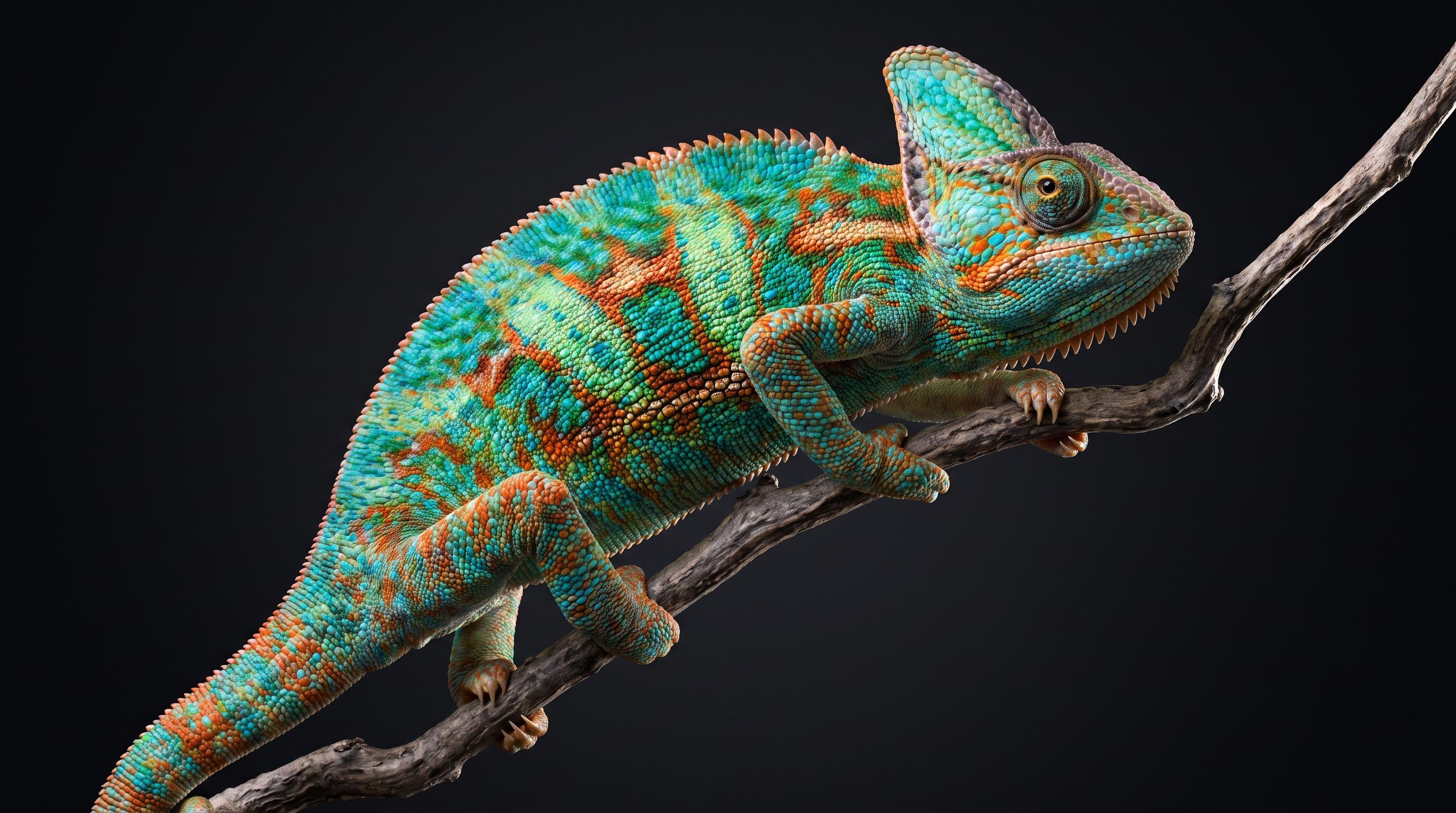 Close-up of a panther chameleon showing layered skin colours shifting from green to orange along its flank