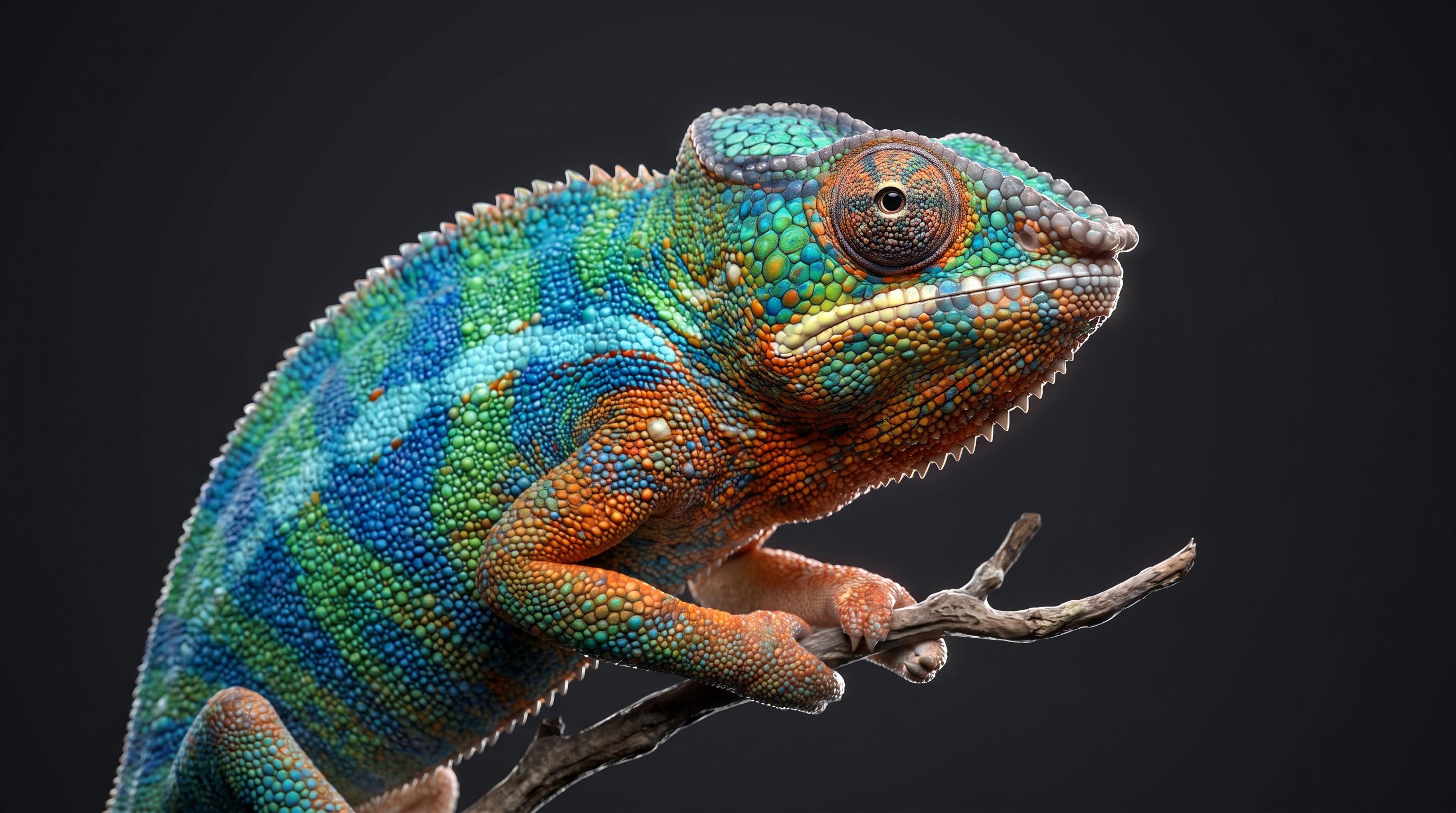 Close-up of a panther chameleon showing layered skin colours shifting from green to orange along its flank